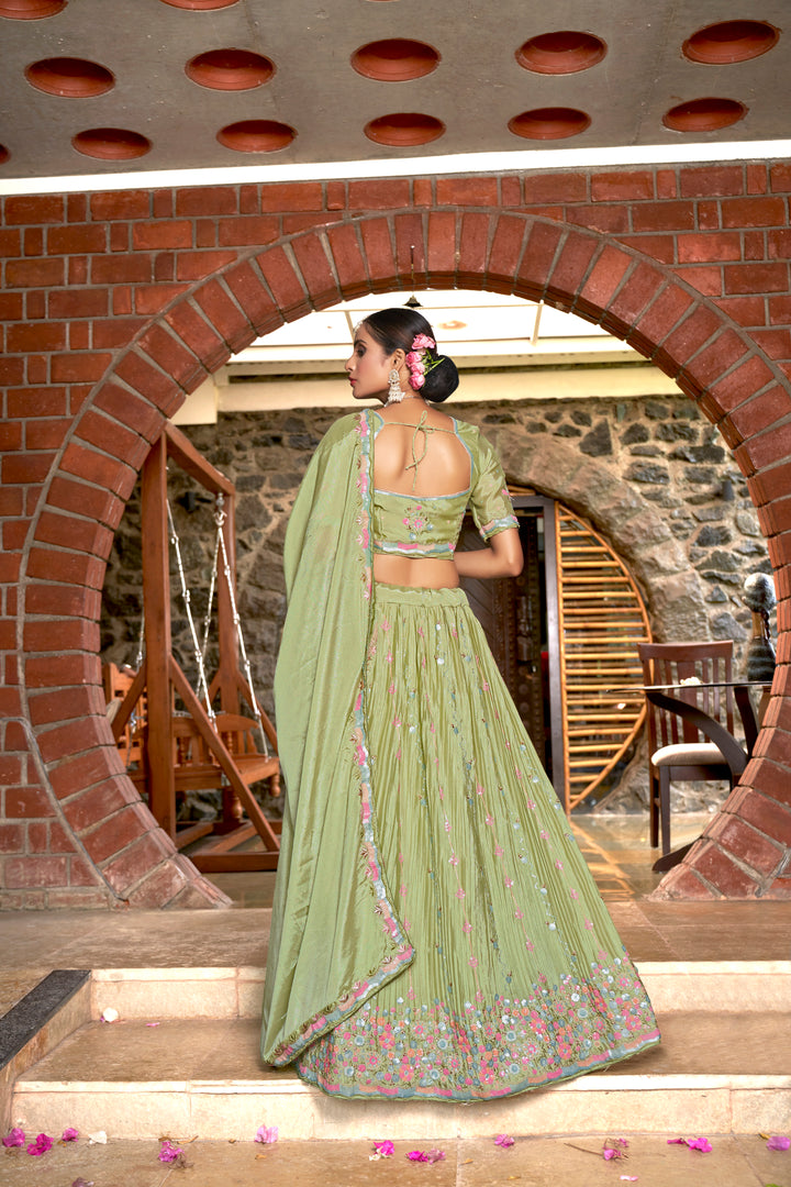 Chinon Lehenga Choli | Crushed Dupatta with Thread & Sequins Embroidery