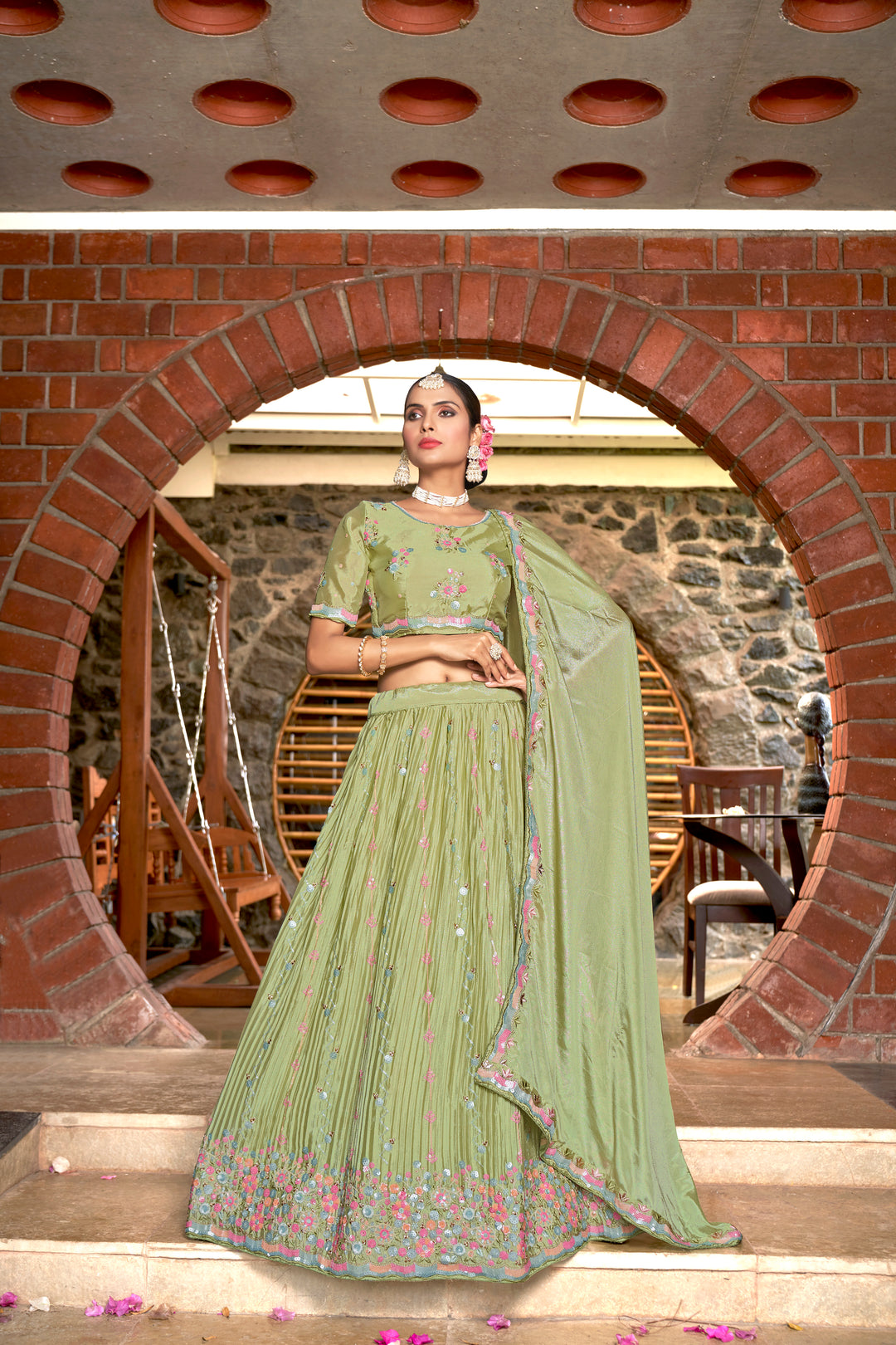 Chinon Lehenga Choli | Crushed Dupatta with Thread & Sequins Embroidery