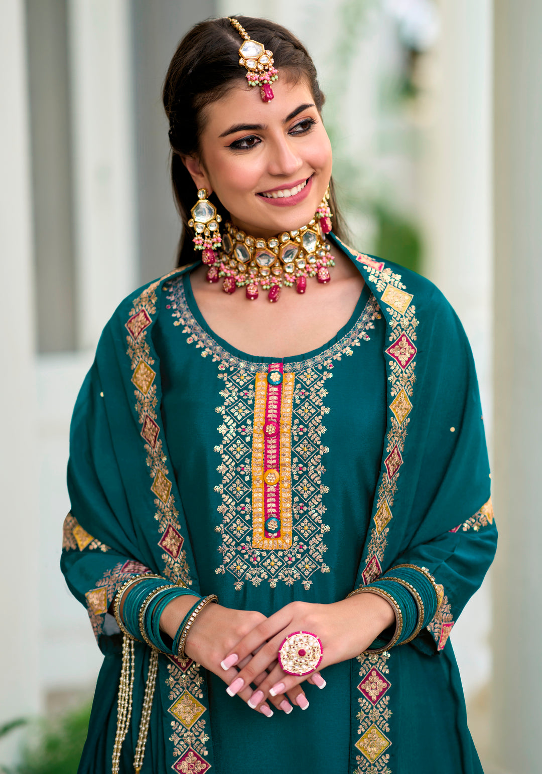 Elegant Georgette Salwar Kameez | Embroidered Three-Quarter Sleeves