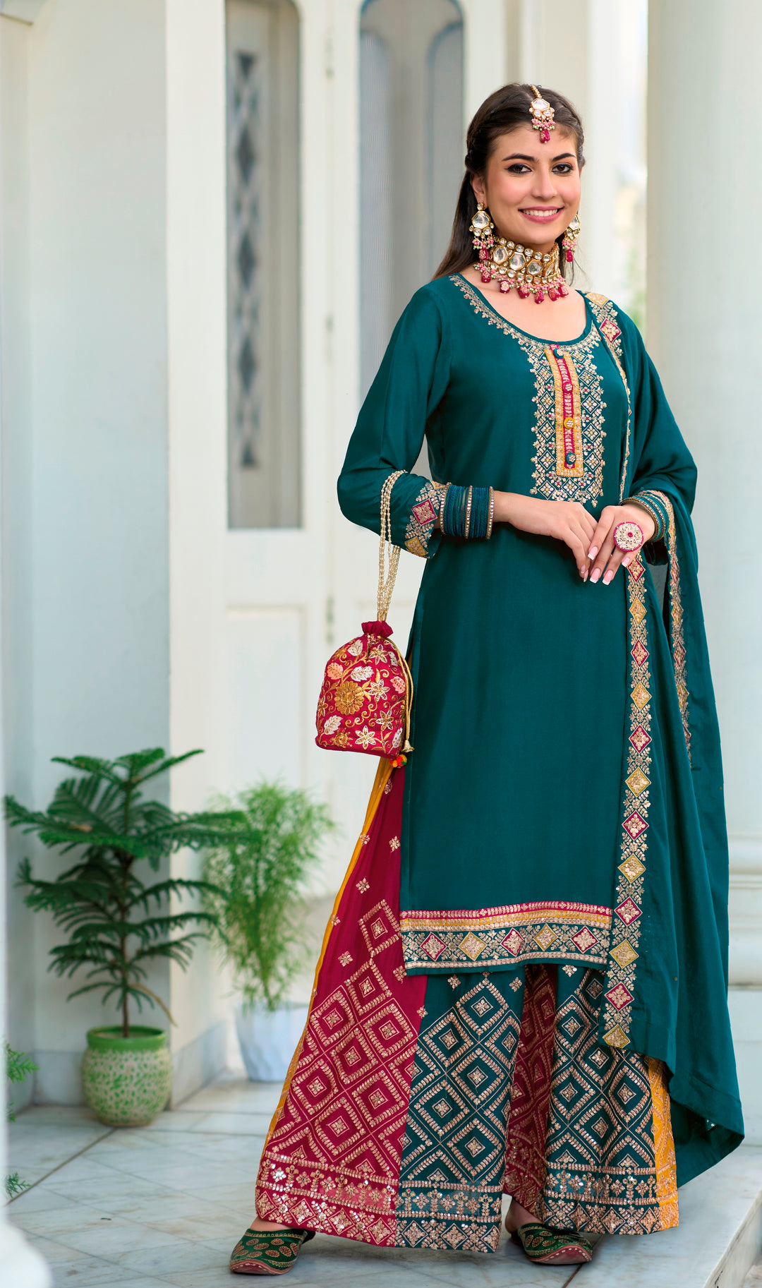 Elegant Georgette Salwar Kameez | Embroidered Three-Quarter Sleeves