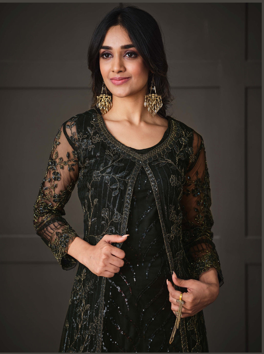 Elegant Embroidered Anarkali Set | Net Fabric | Three-Quarter Sleeves