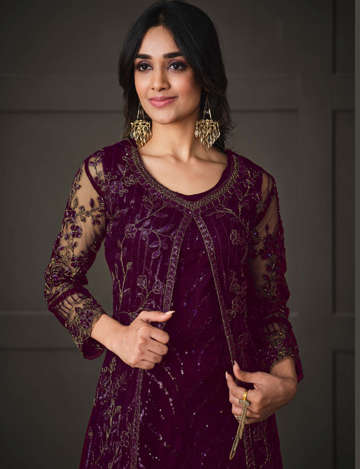 Elegant Embroidered Anarkali Set | Net Fabric | Three-Quarter Sleeves