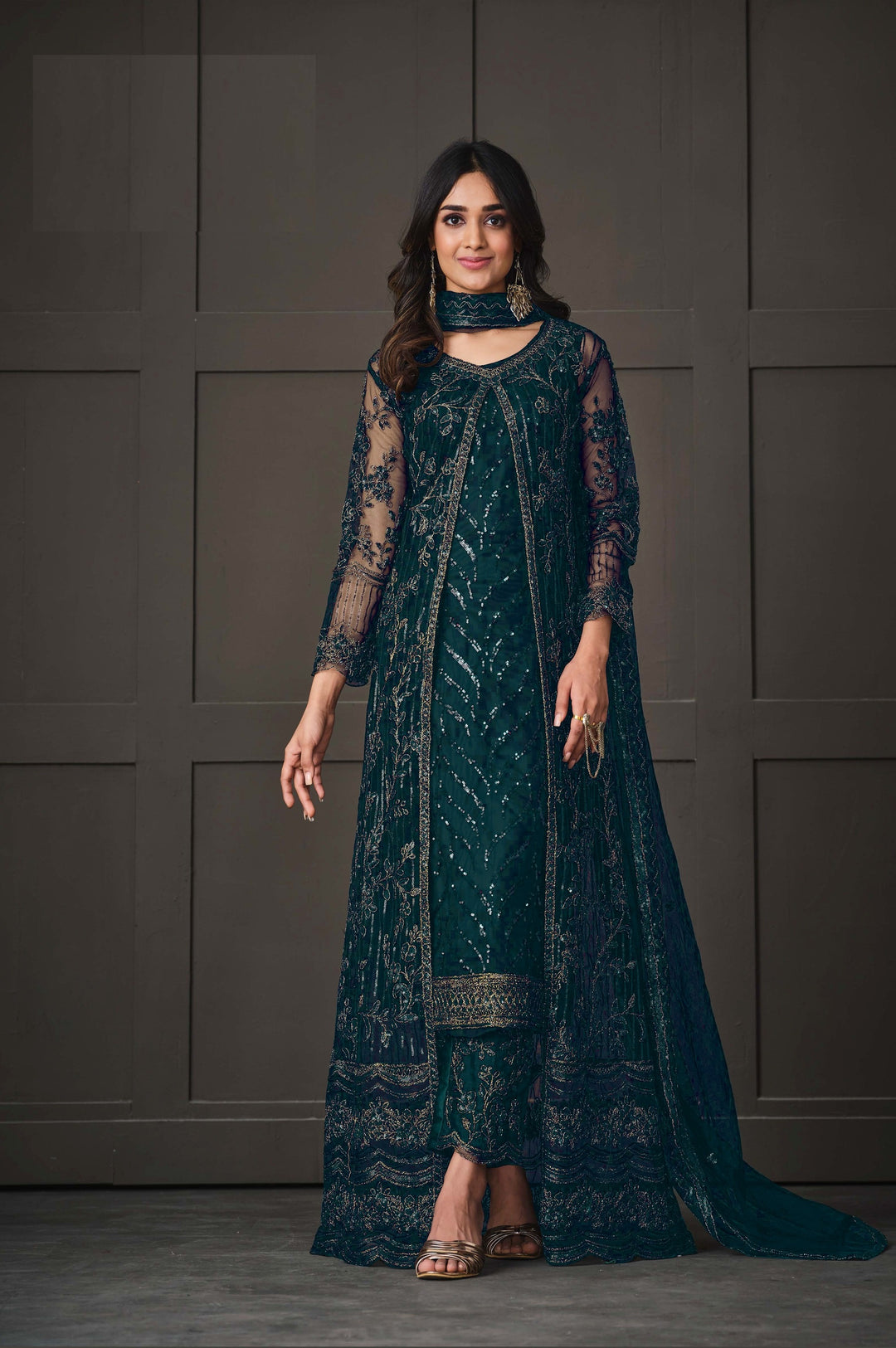 Elegant Embroidered Anarkali Set | Net Fabric | Three-Quarter Sleeves