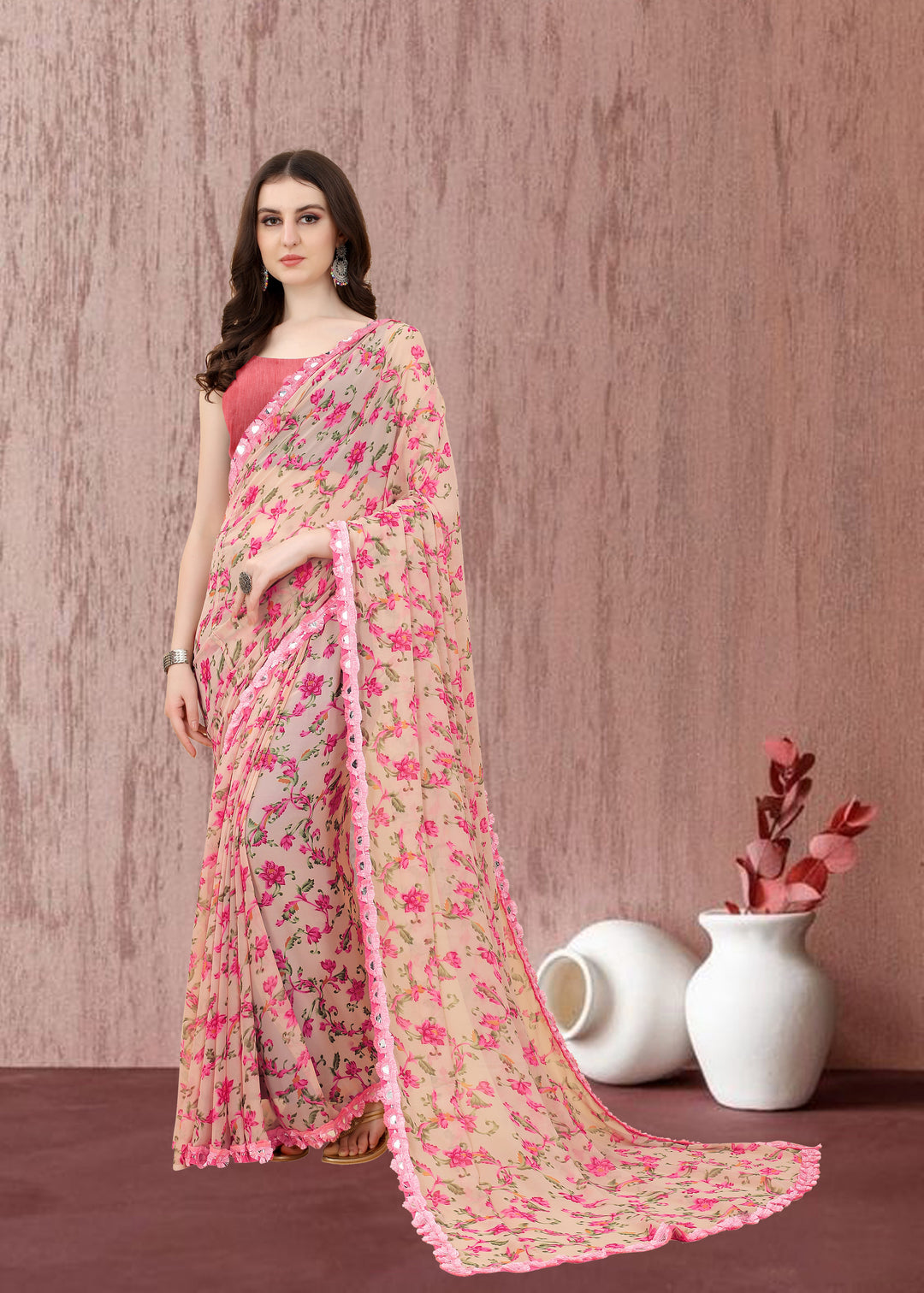 Elegant Printed Georgette Saree | Banglori Blouse | Traditional Wedding Wear