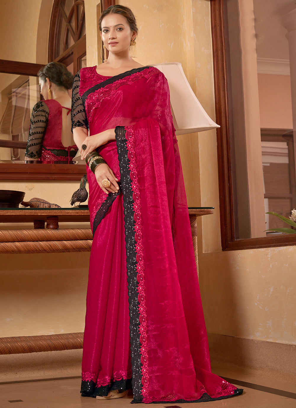 Sitara Chiffon Lace-Work Saree | Traditional Wedding & Party Wear | Ceremonial Elegance