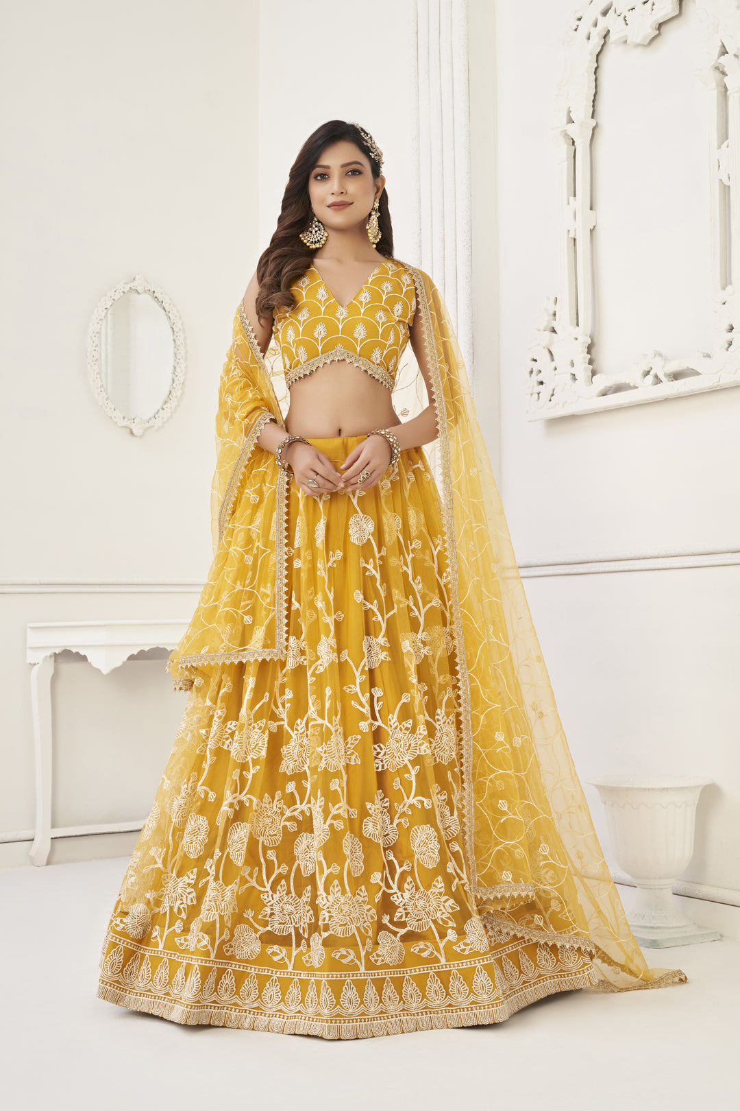 Mustard Yellow Lehenga Choli | Net & Cotton with Sequence Embroidery Work