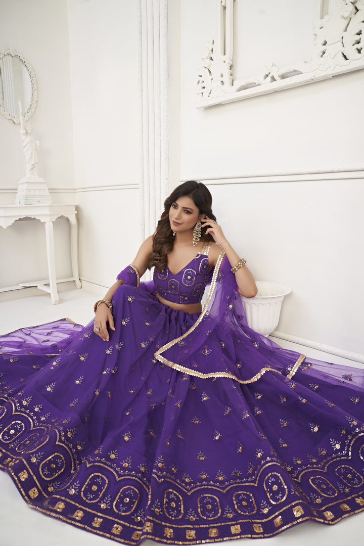 Purple Lehenga Choli | Net & Crepe with Sequence Embroidery for Weddings