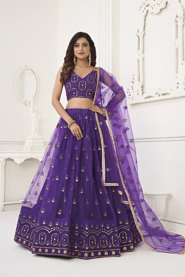 Purple Lehenga Choli | Net & Crepe with Sequence Embroidery for Weddings