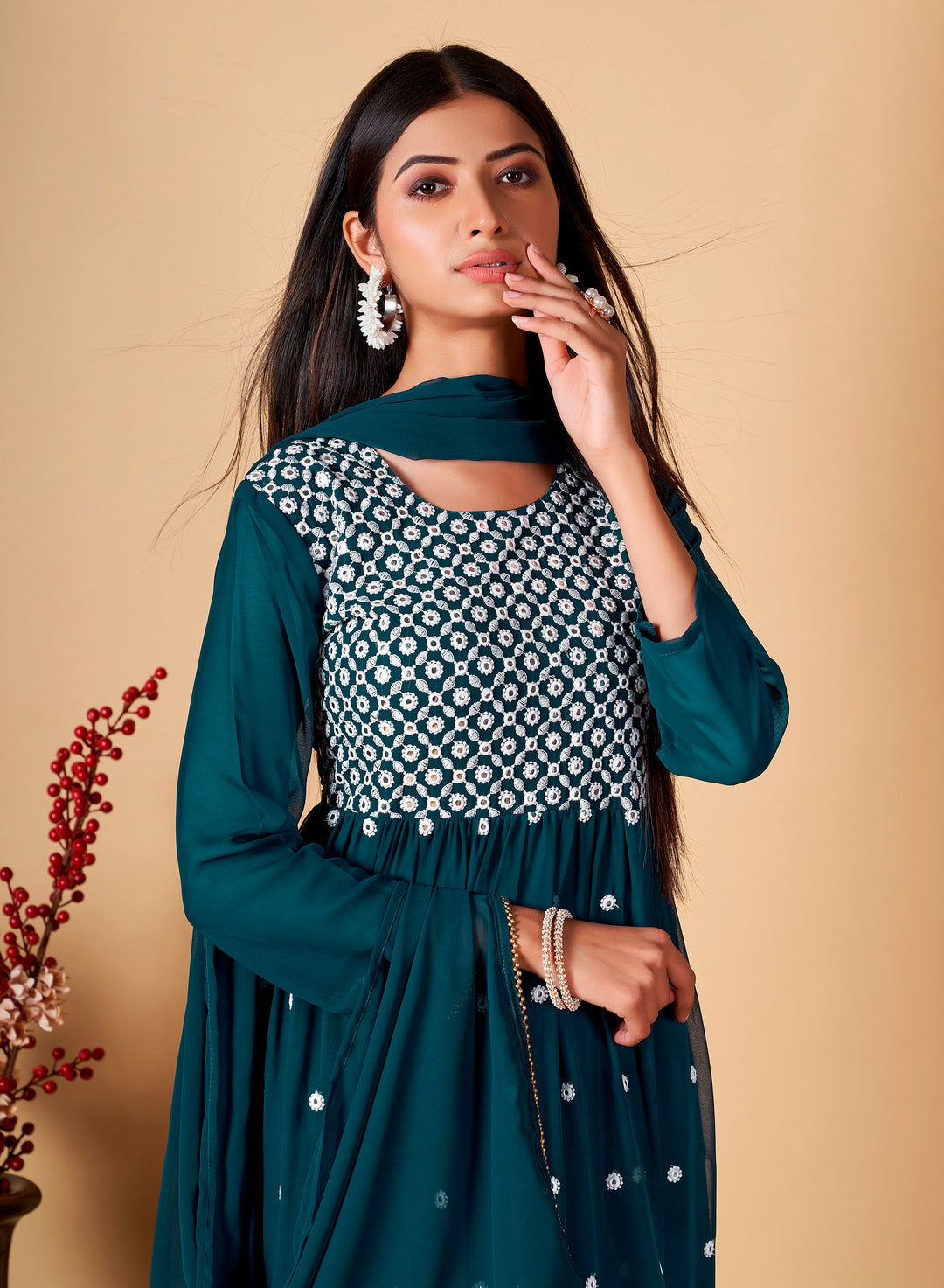 Georgette Embroidered Sharara Suit | Full-Sleeve Traditional Outfit