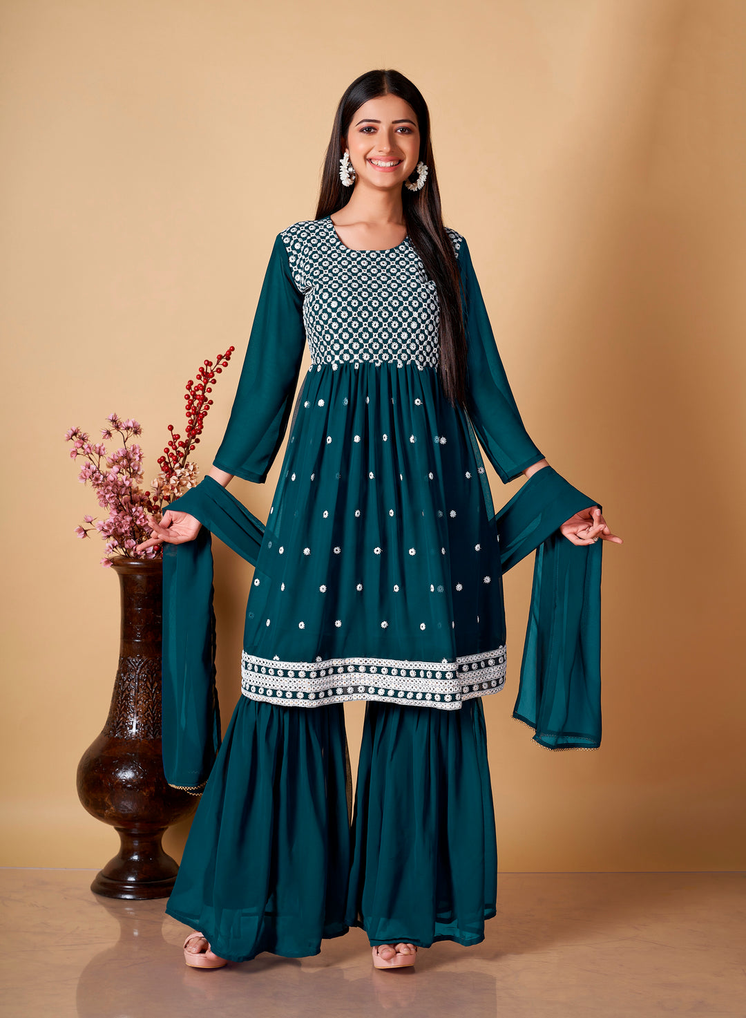 Georgette Embroidered Sharara Suit | Full-Sleeve Traditional Outfit