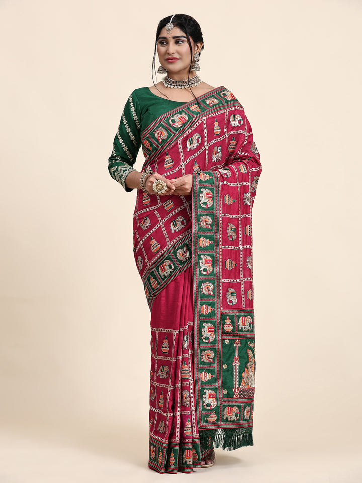 Elegant Vichitra-Silk Saree | Heavy-Embroidery & Diamond-Work | Wedding & Party