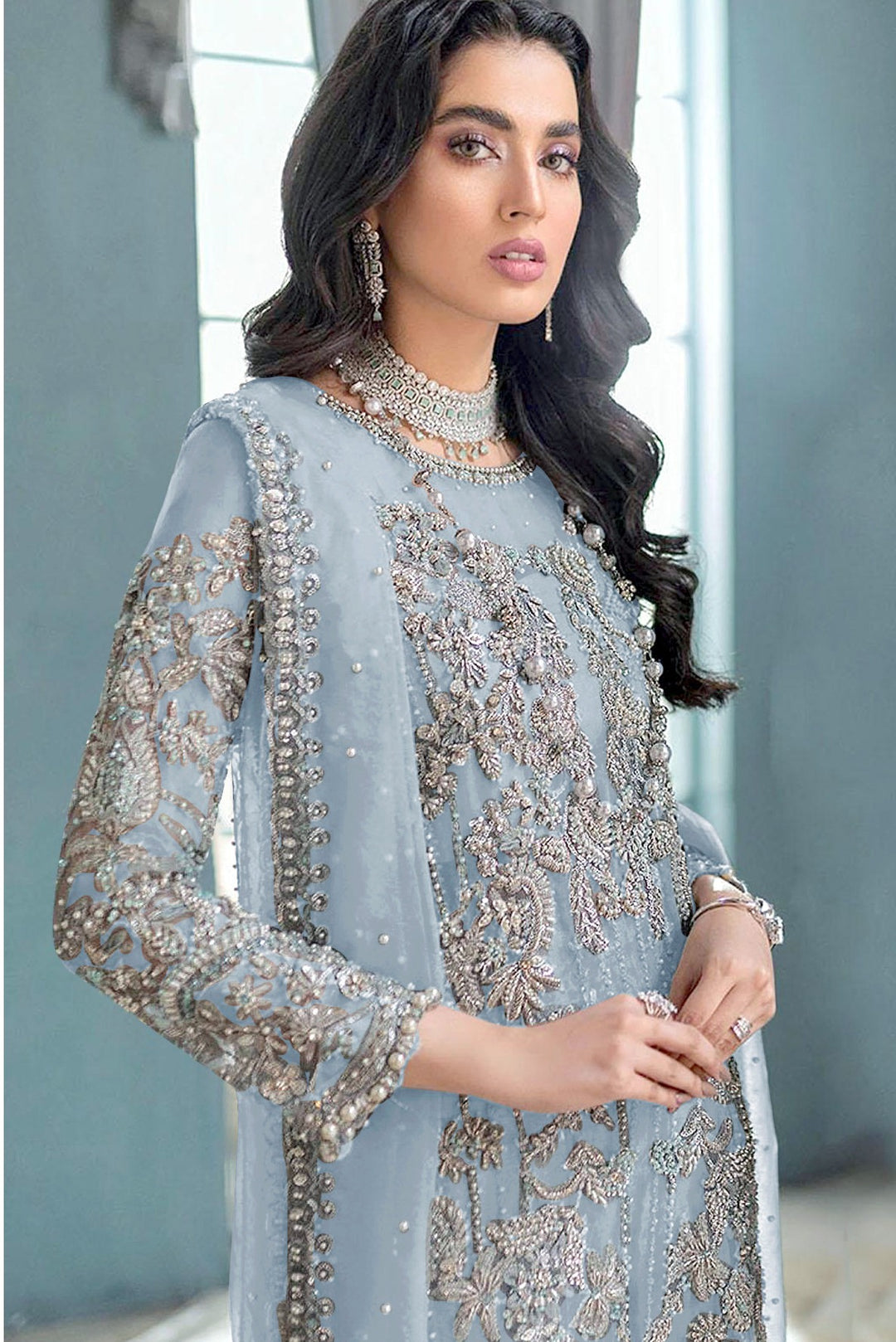 Designer Embroidered Salwar Kameez | Full Sleeve Organza & Santoon Set