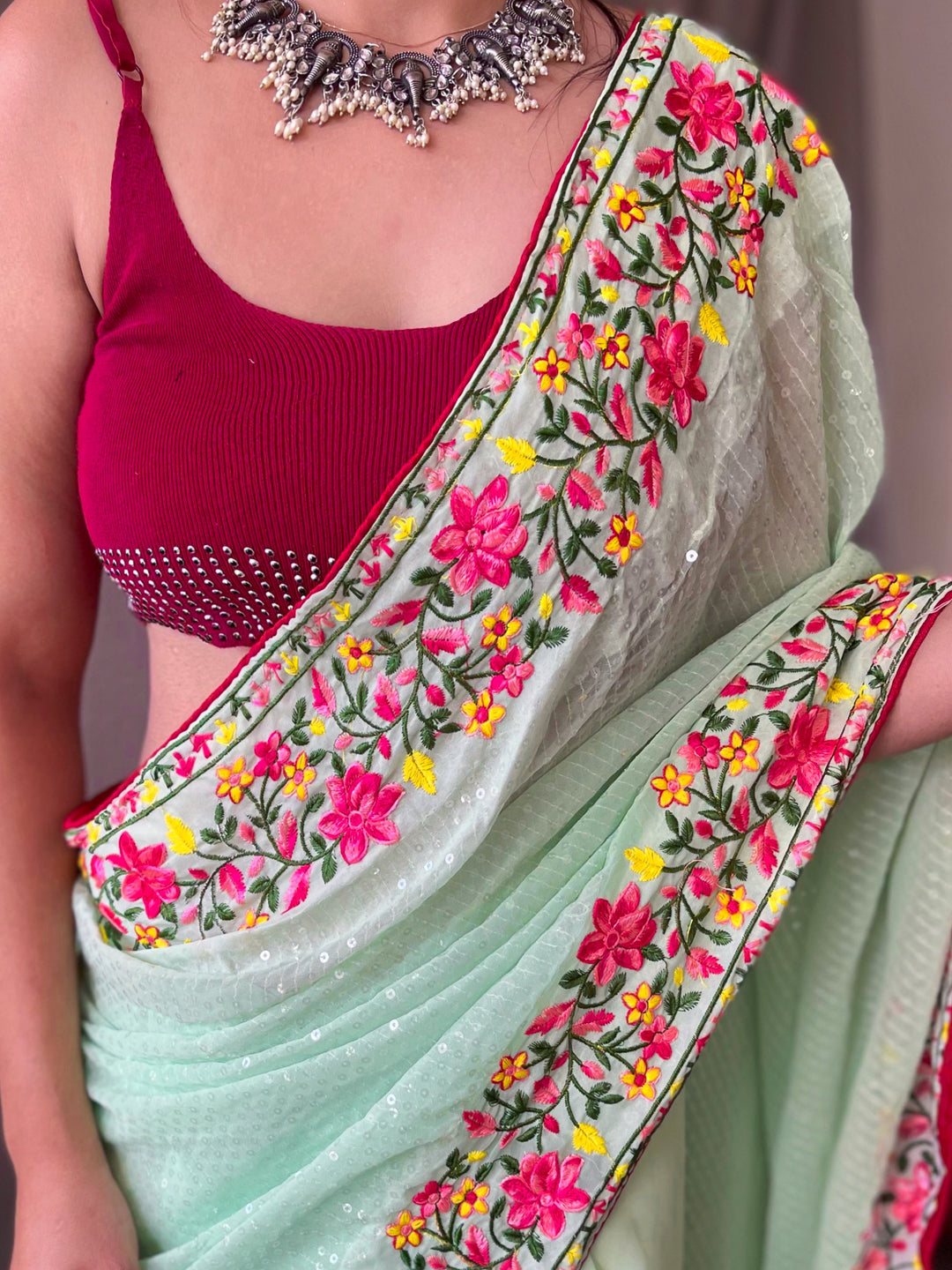 Embroidered Georgette Saree | Sequins Detailing Perfect for Weddings and Events