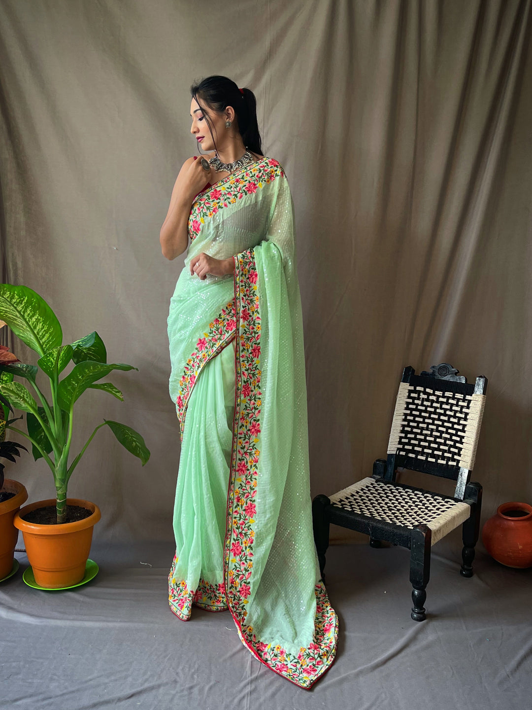 Embroidered Georgette Saree | Sequins Detailing Perfect for Weddings and Events