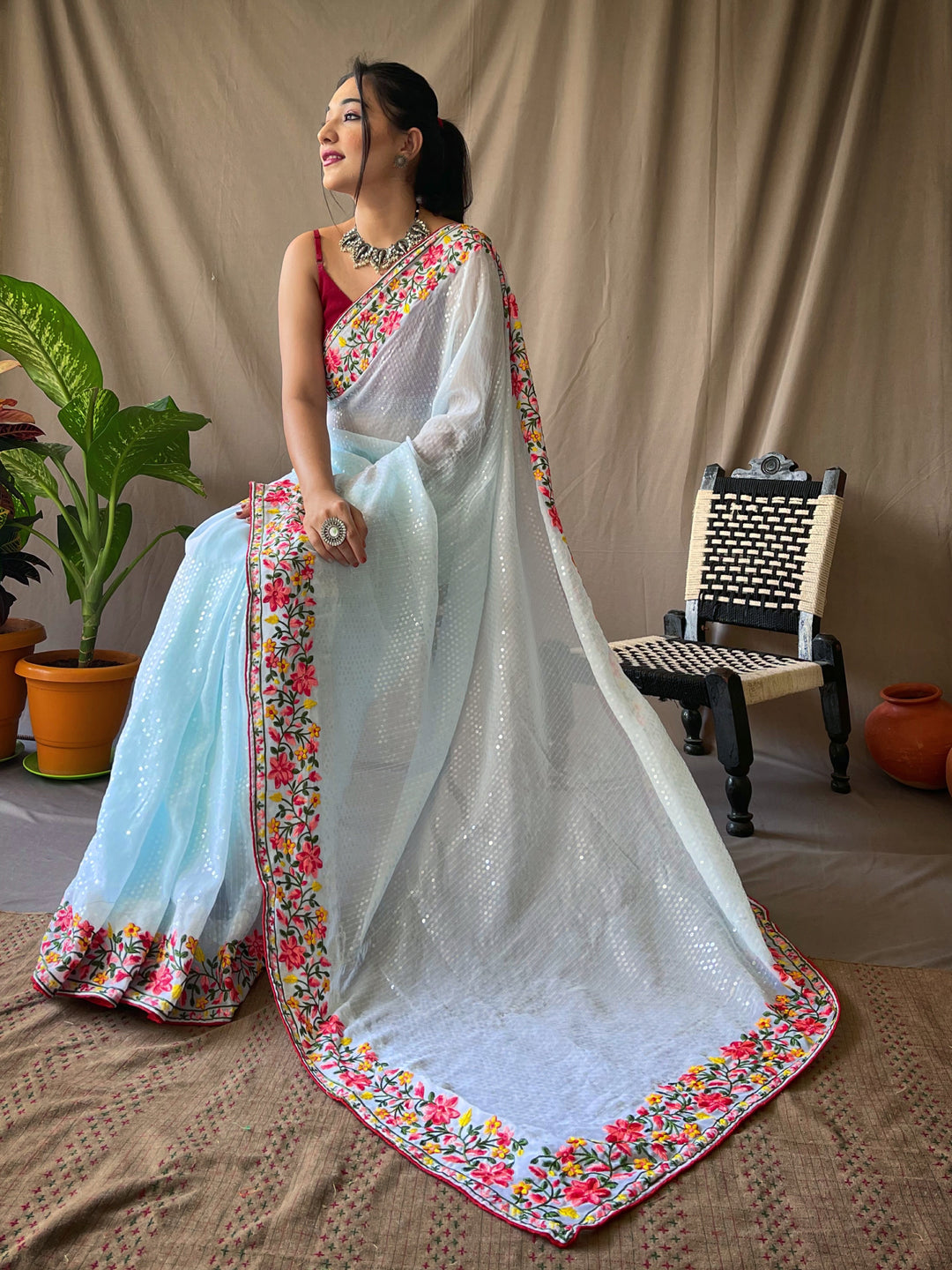 Embroidered Georgette Saree | Sequins Detailing Perfect for Weddings and Events