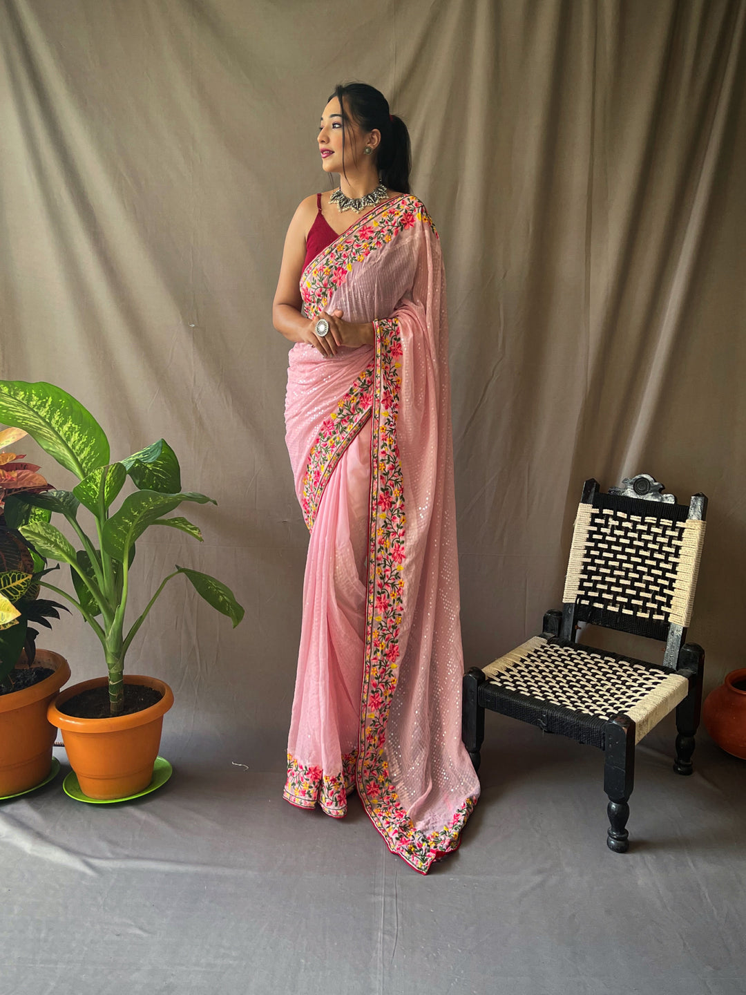 Embroidered Georgette Saree | Sequins Detailing Perfect for Weddings and Events