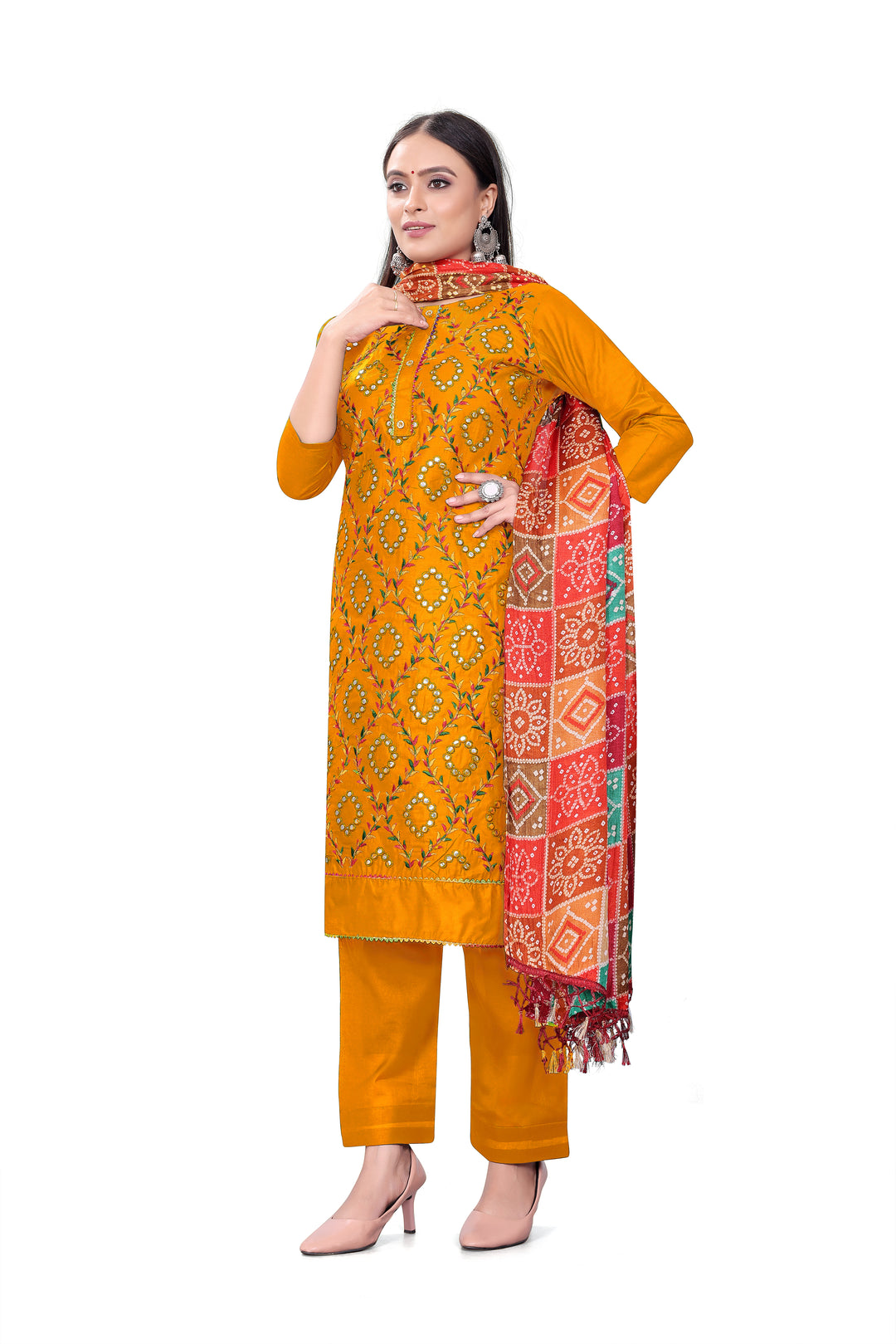 Designer Embroidered Salwar Kameez | P-C Cotton Three-Quarter Sleeve