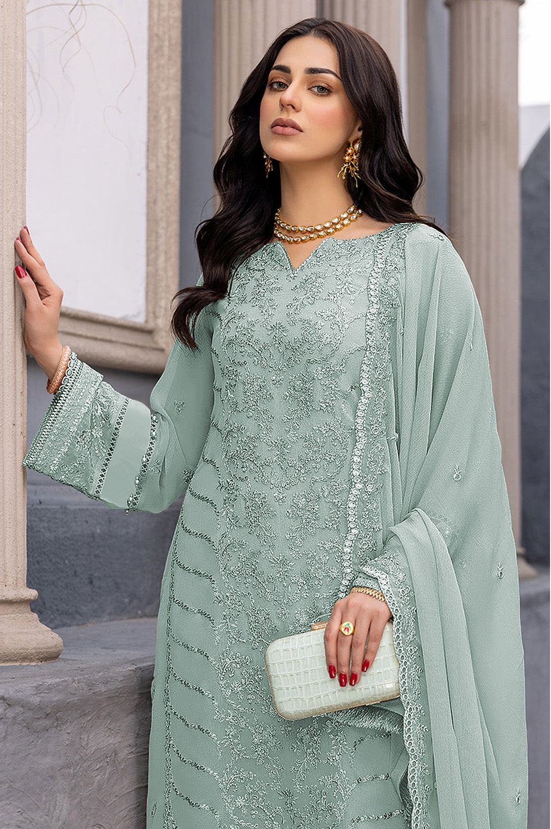 Designer Floral Embroidery Salwar Kameez | Faux-Georgette & Santoon