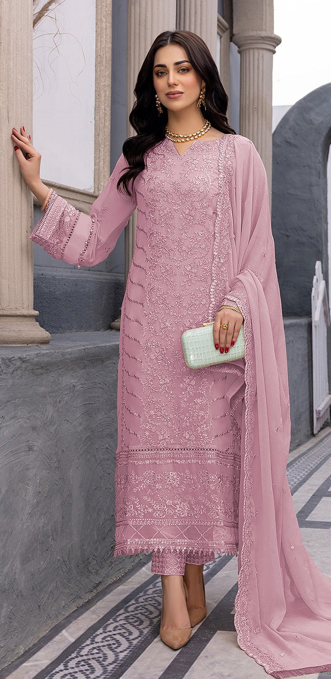 Designer Floral Embroidery Salwar Kameez | Faux-Georgette & Santoon