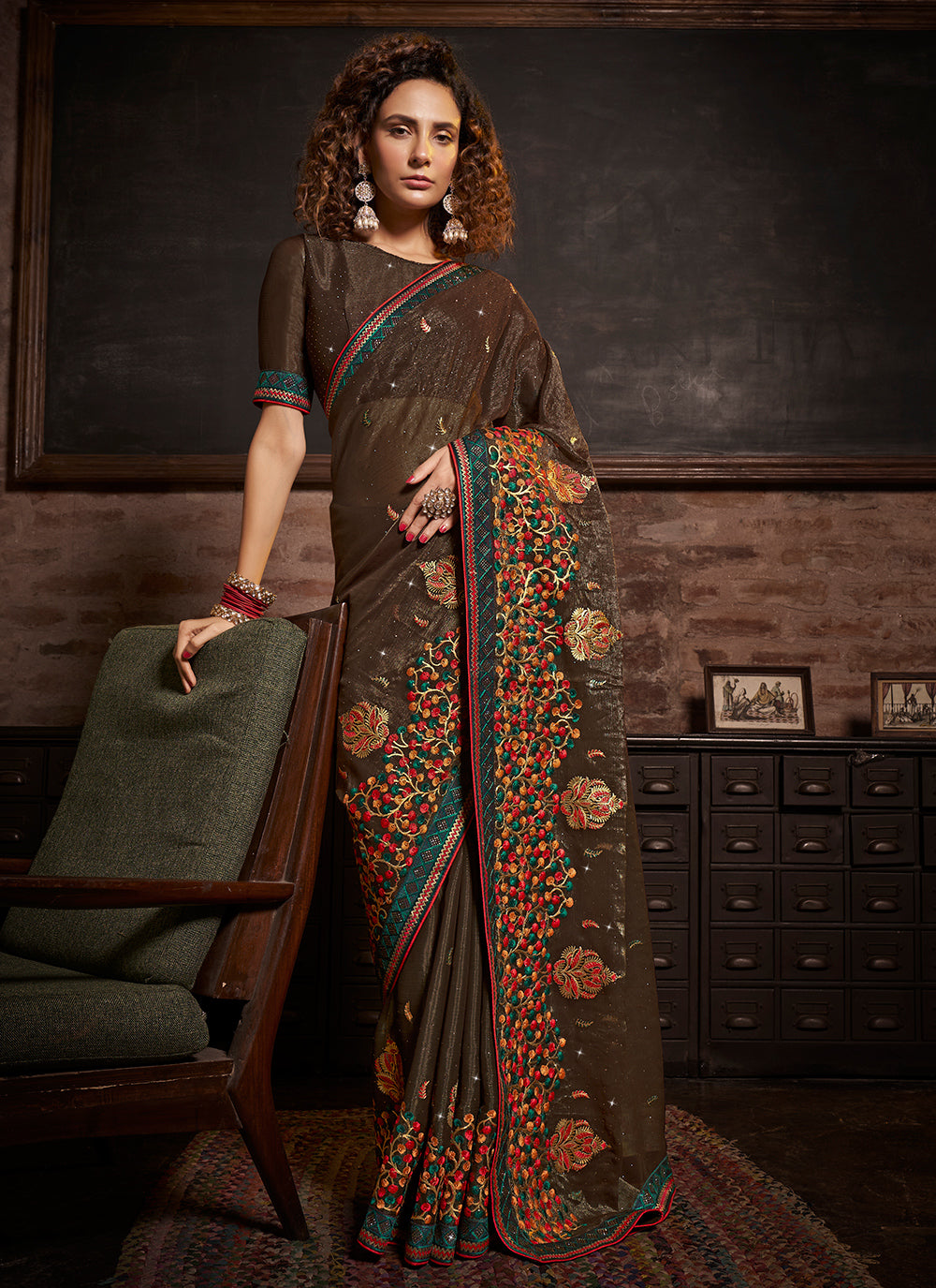 Chiffon Saree with Blooming Color Embroidery & Swarovski Work | Traditional Wedding Party