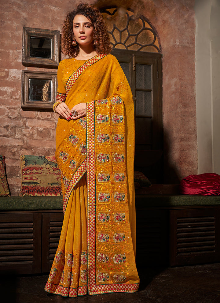 Chiffon Saree with Blooming-Color Embroidery & Swarovski Work | Festive Elegance