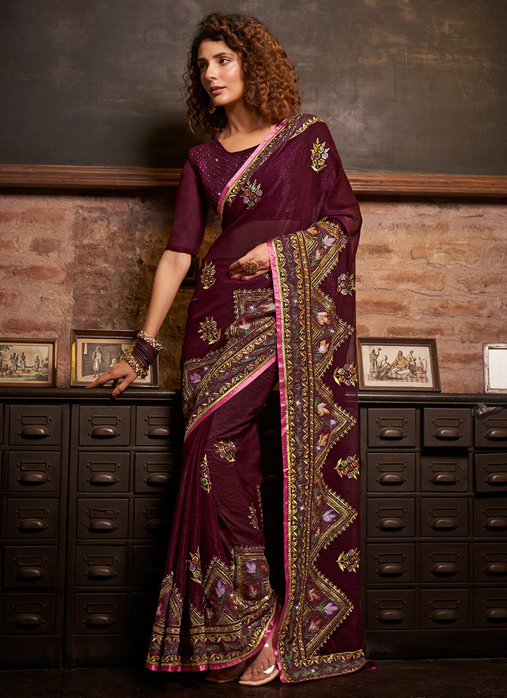 Chiffon Saree with Blooming-Color Embroidery & Swarovski | Traditional Elegance