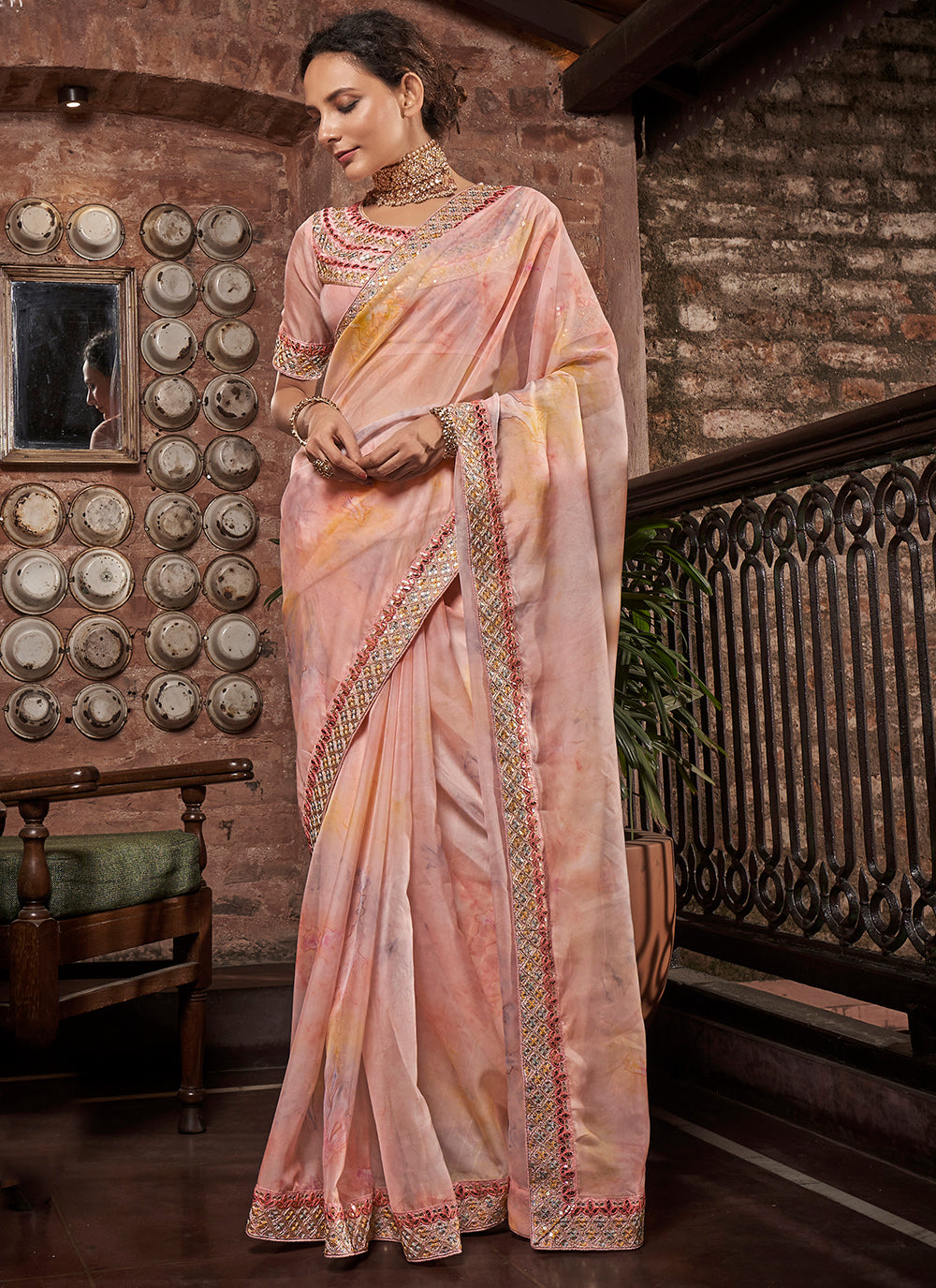 Digital Printed Organza Saree with Embroidery | Art-Silk Blouse for Parties