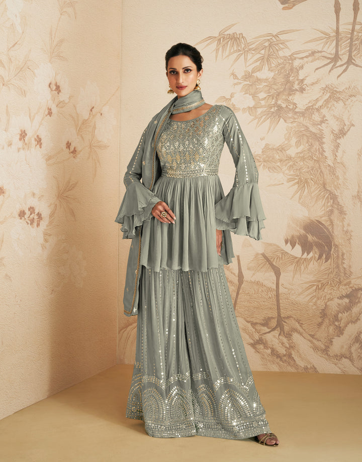 Designer Palazzo Set | Full Sleeve Round Neck | Sequined Embroidery for Weddings