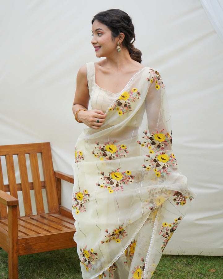 Designer Organza Saree with Art-Silk Blouse | Embroidered for Special Events