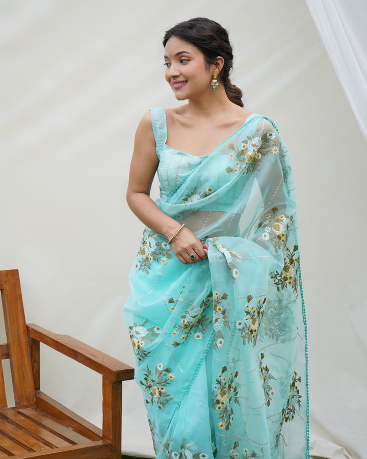 Designer Organza Saree with Art-Silk Blouse | Embroidered for Special Events