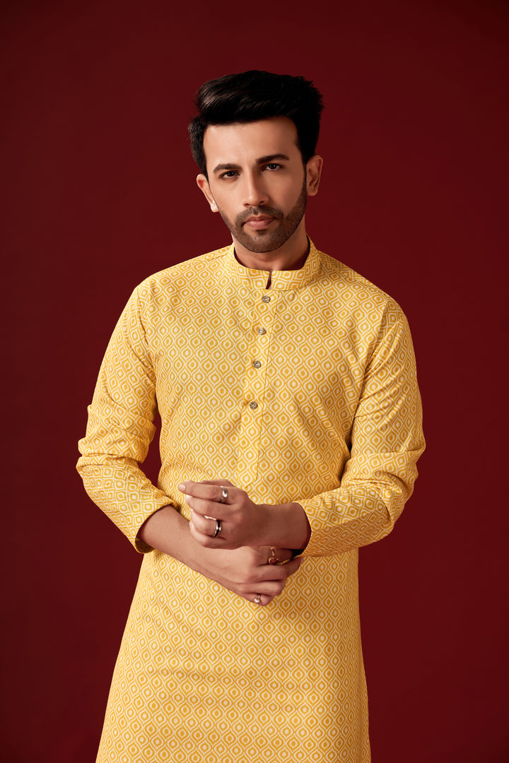 Yellow Designer Printed Cotton Kurta Pajama for Men | Haldi Occasion Wear