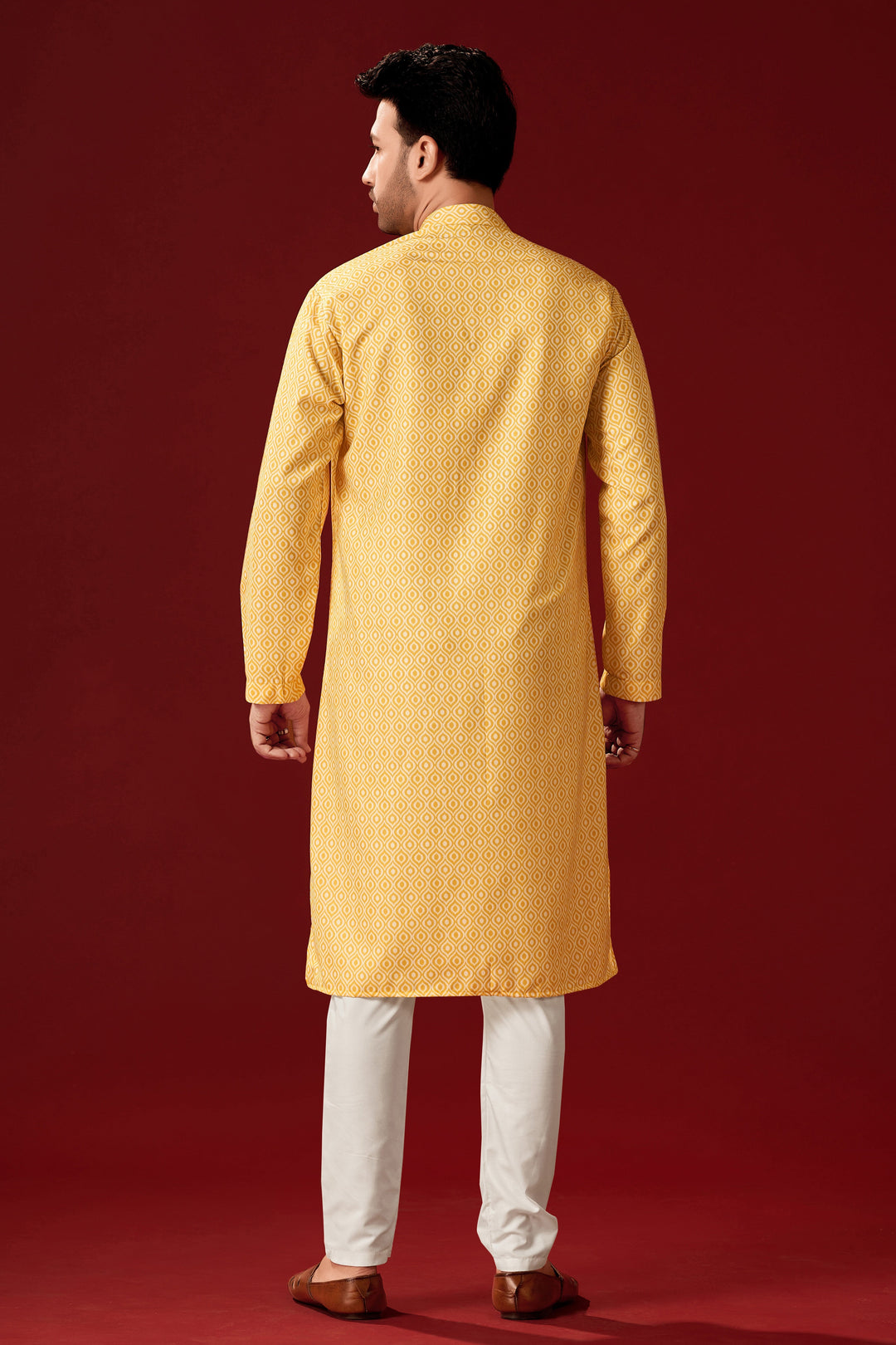 Yellow Designer Printed Cotton Kurta Pajama for Men | Haldi Occasion Wear