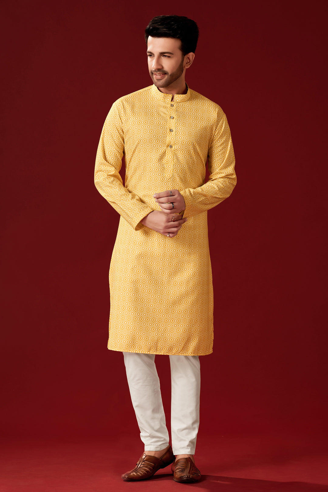 Yellow Designer Printed Cotton Kurta Pajama for Men | Haldi Occasion Wear