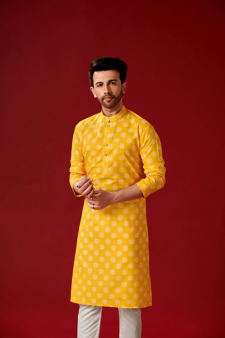 Men's Yellow Cotton Kurta Pajama Set | Ideal for Haldi and Festive Occasions