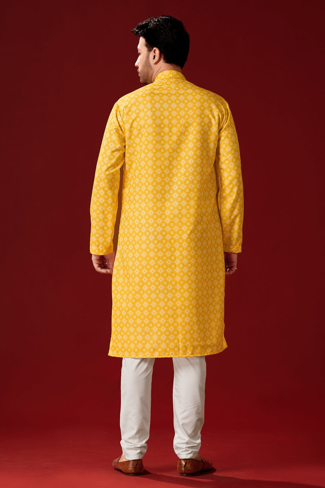 Designer Printed Yellow Kurta Pajama Set for Men | Traditional Attire