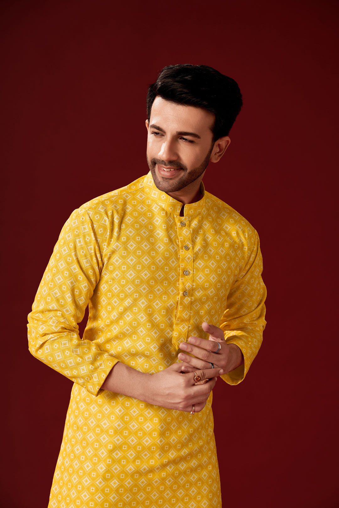 Designer Printed Yellow Kurta Pajama Set for Men | Traditional Attire