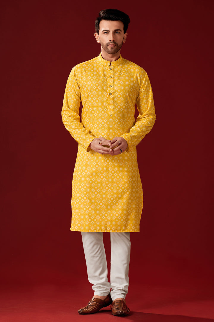 Designer Printed Yellow Kurta Pajama Set for Men | Traditional Attire