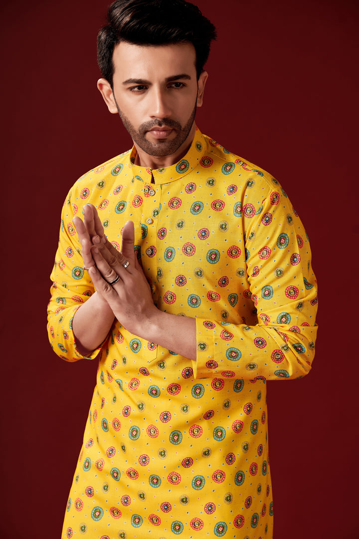 Men's Designer Printed Yellow Cotton Kurta Pajama Set | Traditional Wear