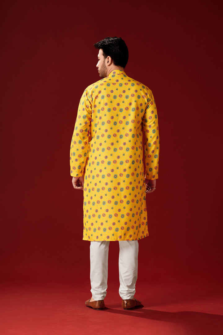 Men's Designer Printed Yellow Cotton Kurta Pajama Set | Traditional Wear