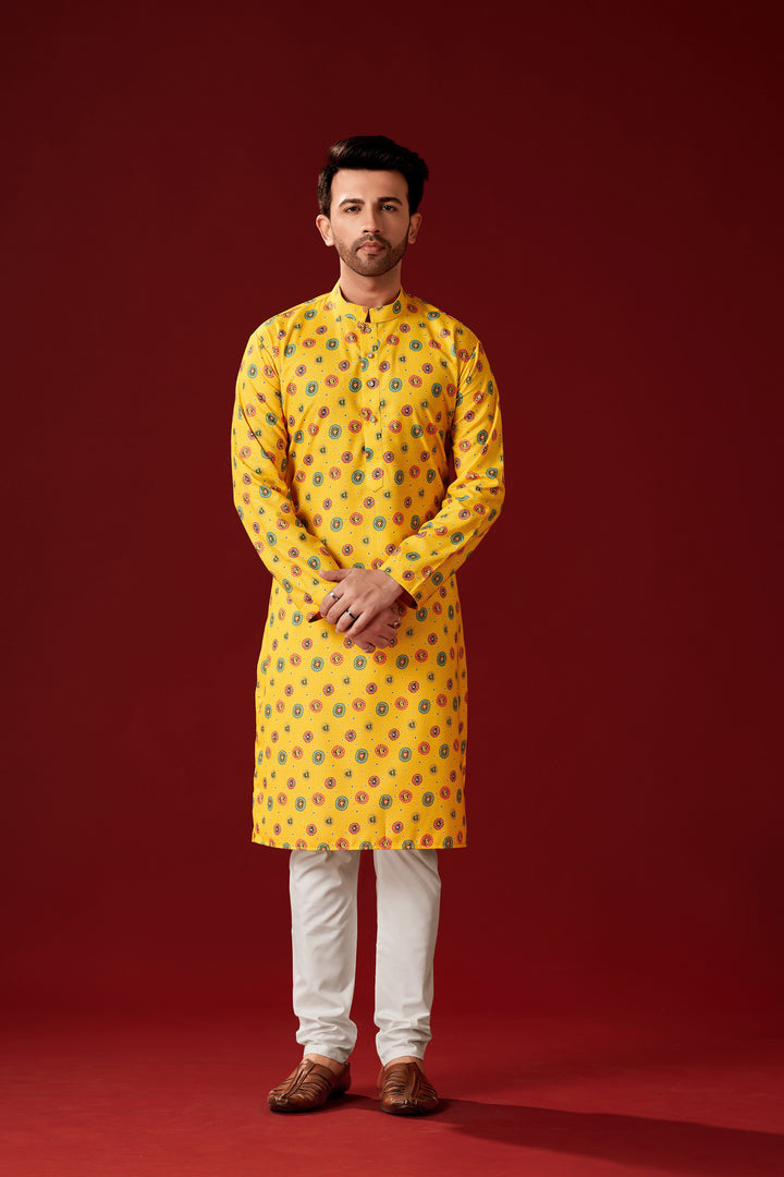 Men's Designer Printed Yellow Cotton Kurta Pajama Set | Traditional Wear