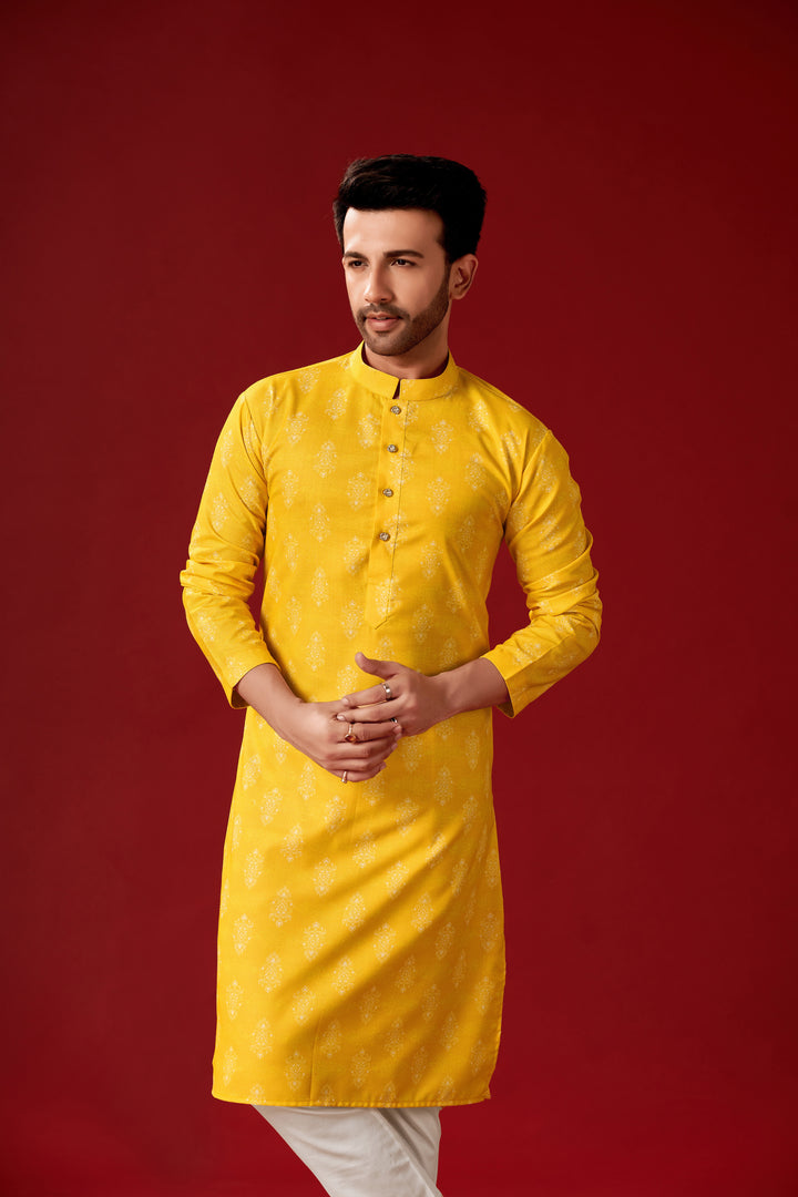 Stylish Yellow Cotton Kurta Pajama for Men | Designer Printed Design