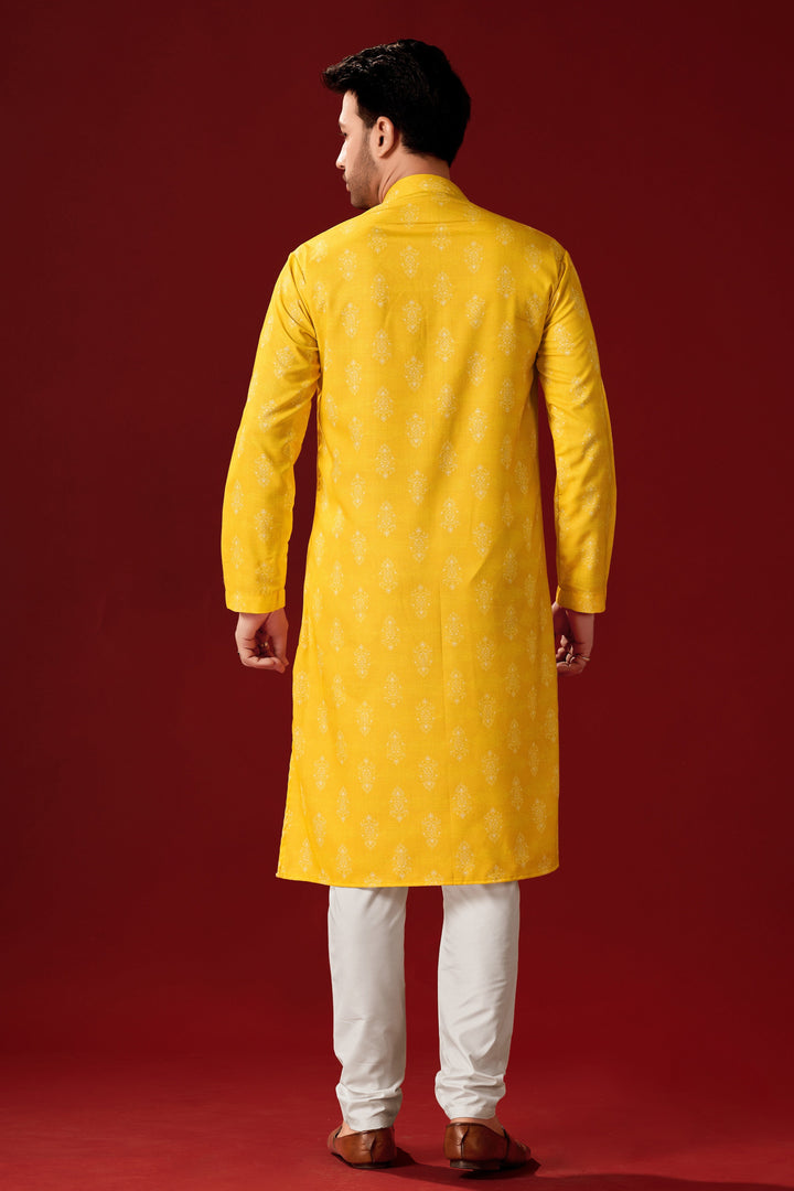 Stylish Yellow Cotton Kurta Pajama for Men | Designer Printed Design