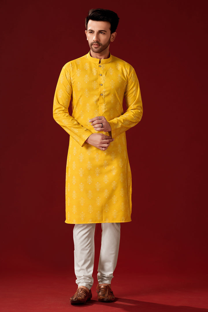 Stylish Yellow Cotton Kurta Pajama for Men | Designer Printed Design