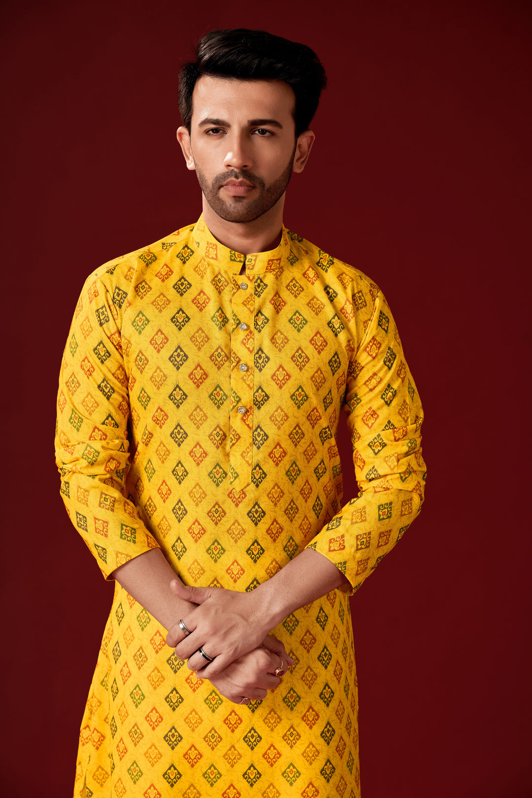 Yellow Solid Cotton Kurta Pajama Set for Men | Designer Printed Haldi Outfit