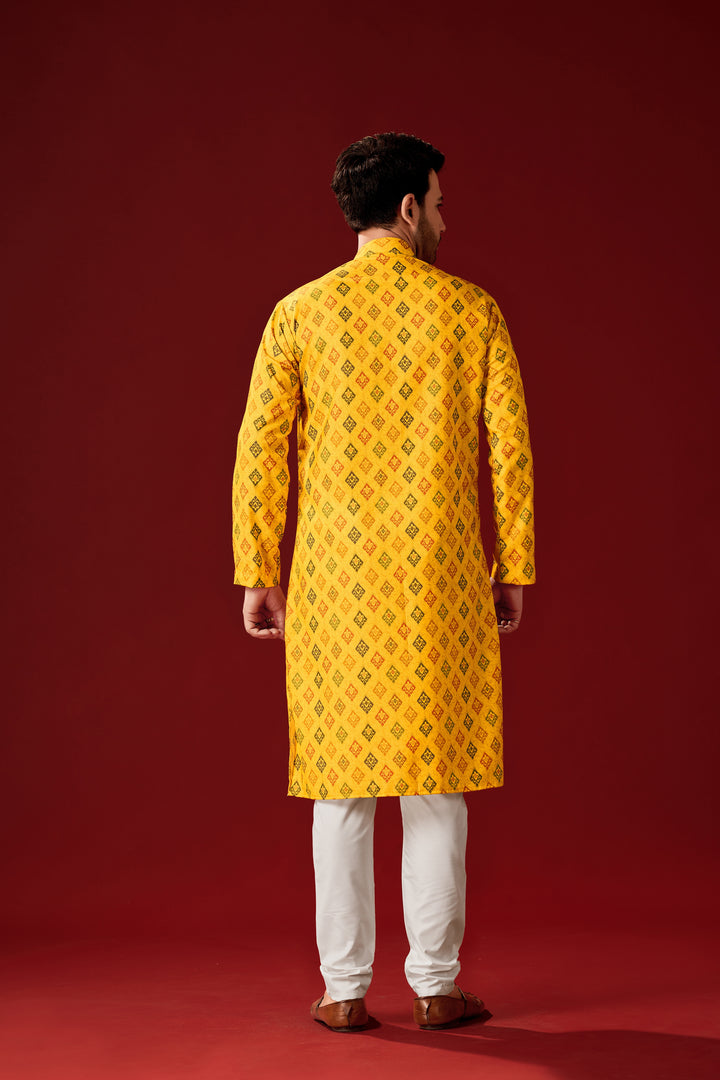 Yellow Solid Cotton Kurta Pajama Set for Men | Designer Printed Haldi Outfit