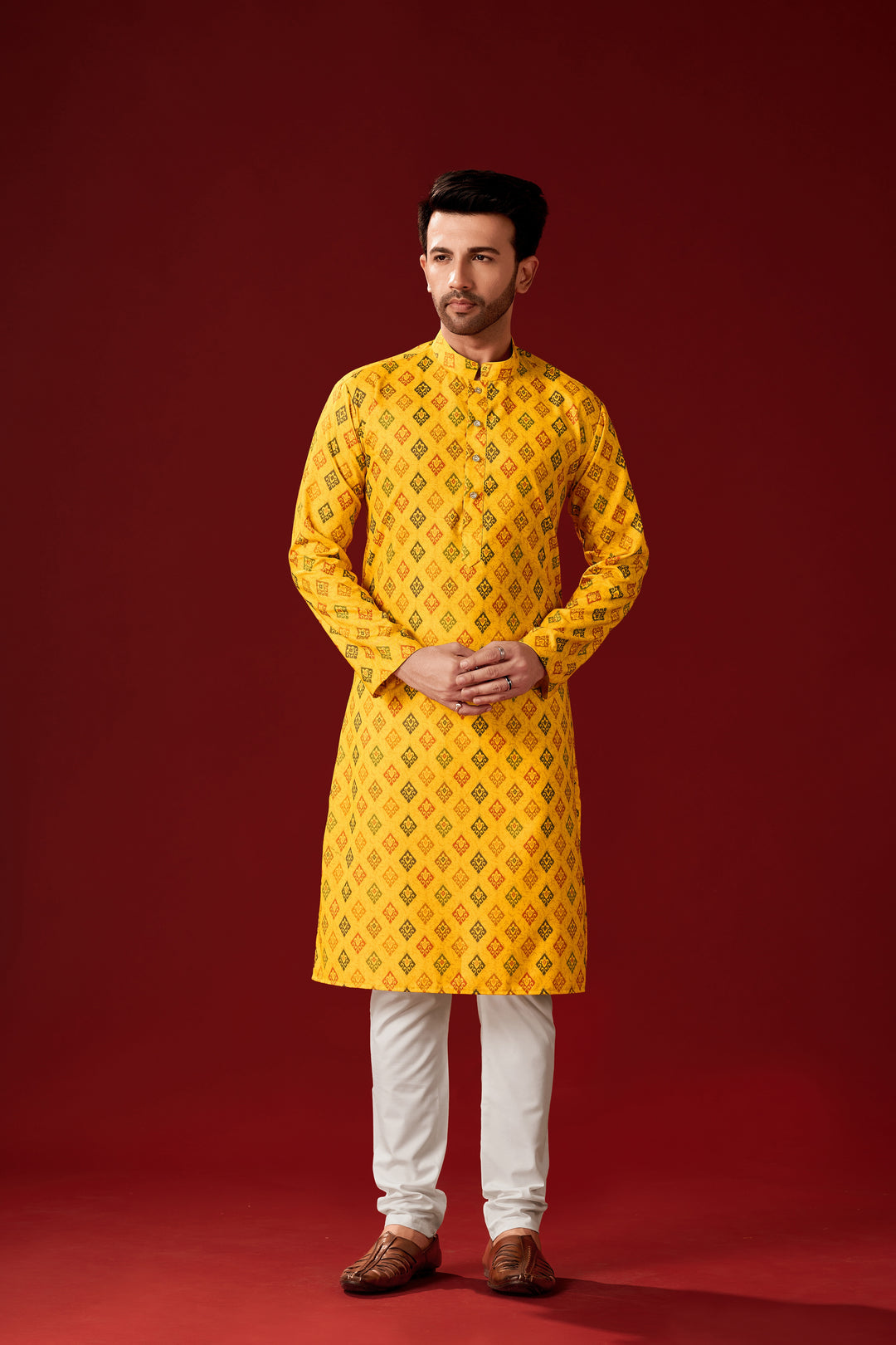 Yellow Solid Cotton Kurta Pajama Set for Men | Designer Printed Haldi Outfit