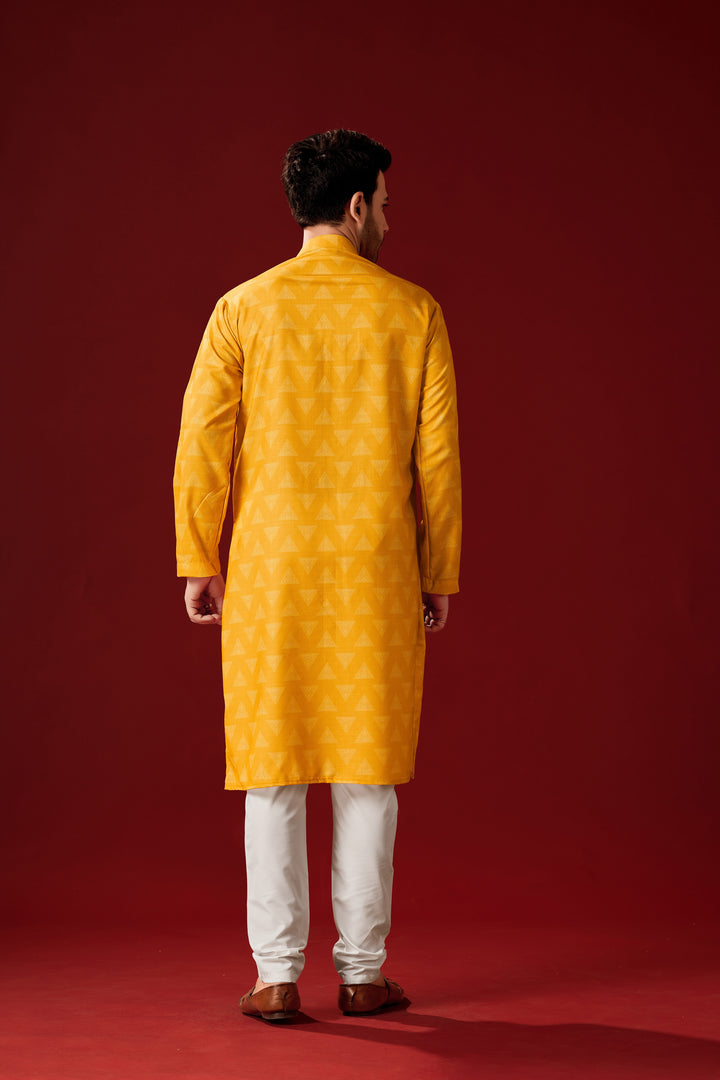 Stylish Yellow Cotton Kurta Pajama Set for Men | Haldi Celebration Wear