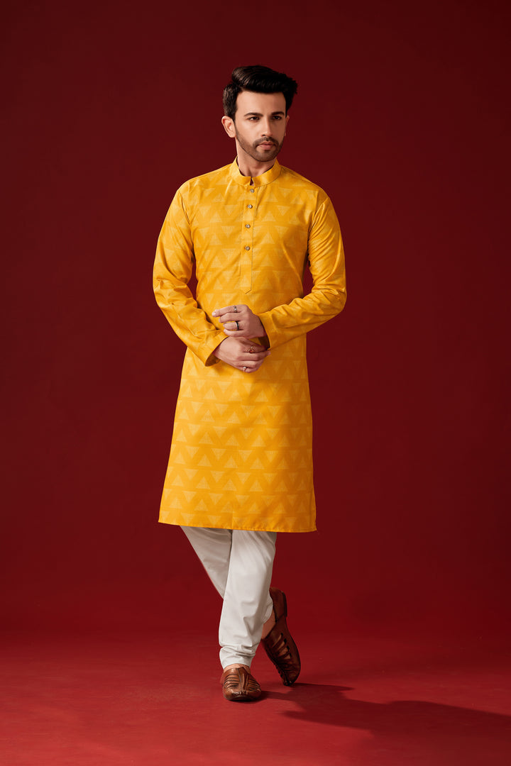 Stylish Yellow Cotton Kurta Pajama Set for Men | Haldi Celebration Wear