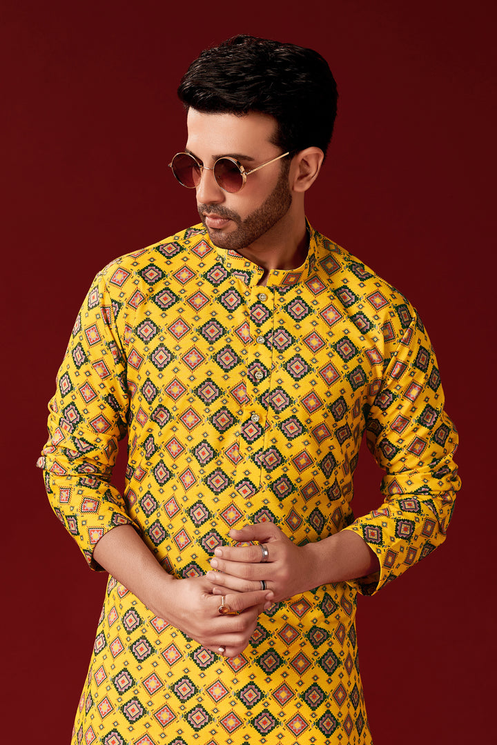 Men's Mustard Yellow Solid Cotton Kurta Pajama Set | Designer Printed