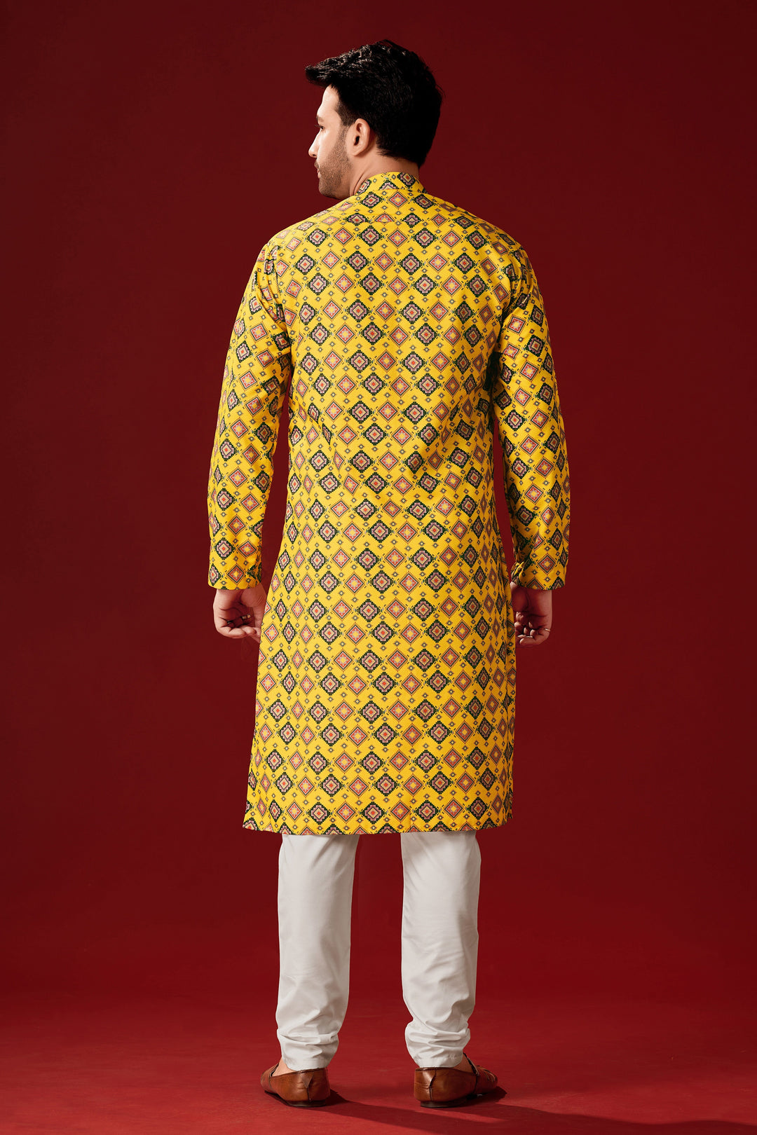 Men's Mustard Yellow Solid Cotton Kurta Pajama Set | Designer Printed